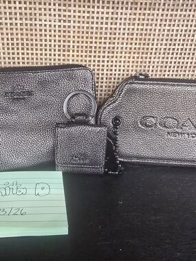 COACH Metallic Black Leather Wallet & Keychain Set